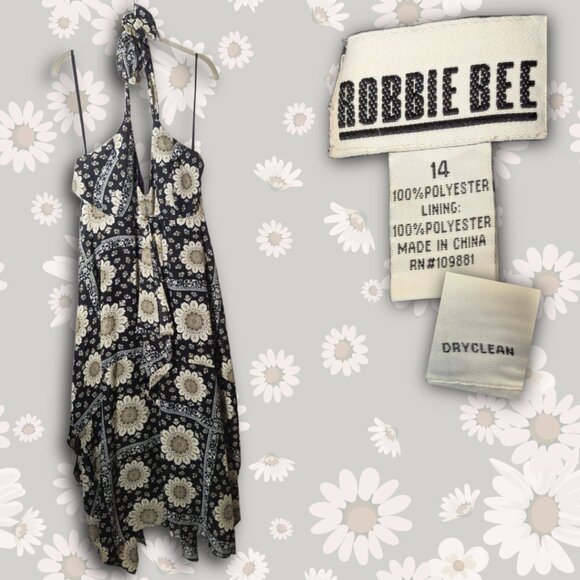 Robbie Bee Size 14 Black & White Floral Halter Dress w/ Handkerchief Hem - Picture 1 of 6